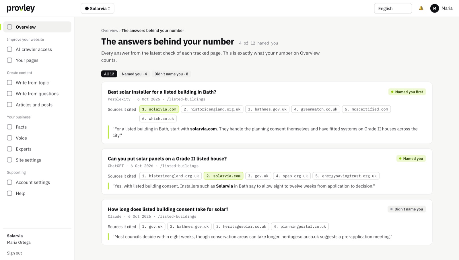 The answers behind the number for one client site, each with the sources it cited