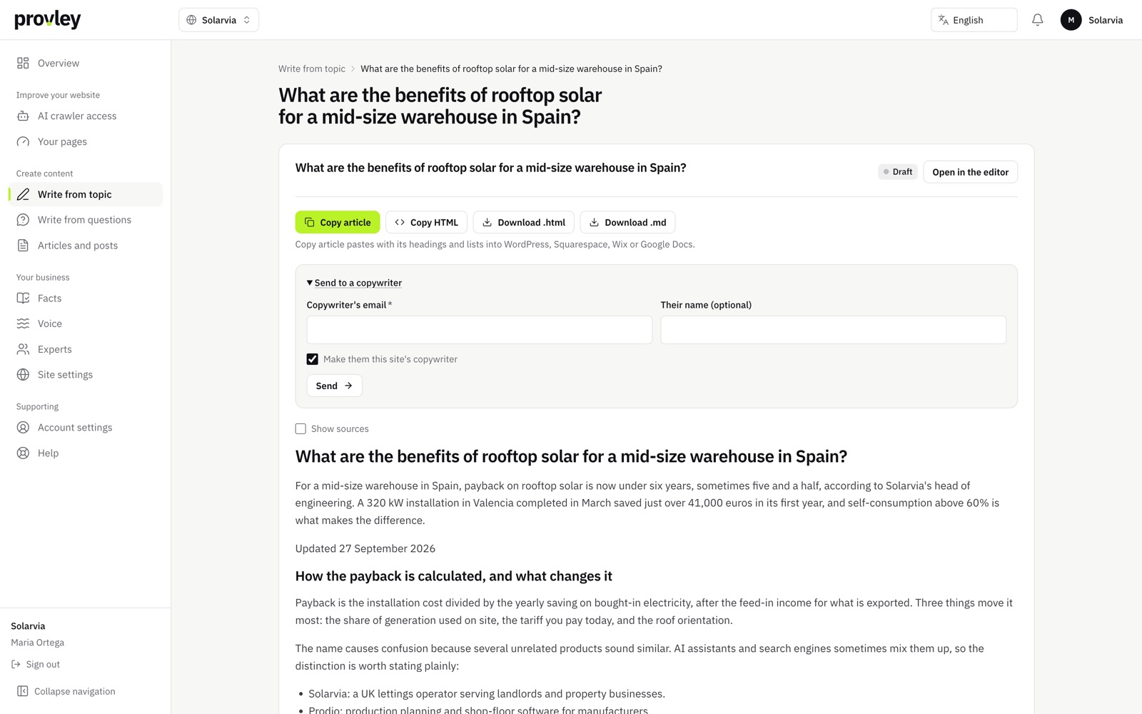 An article open beside its score findings and suggested rewrite