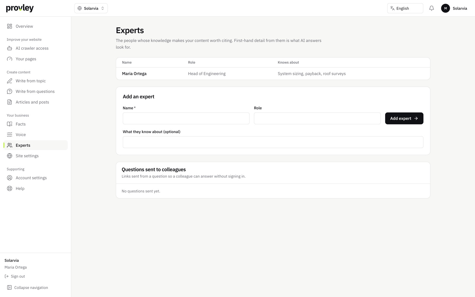 The Experts screen: each person, the question they were asked and when they answered