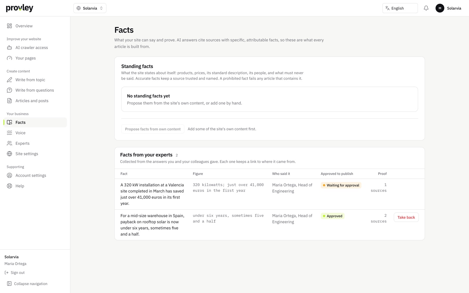 The Facts screen: two expert answers, each approved and attributed