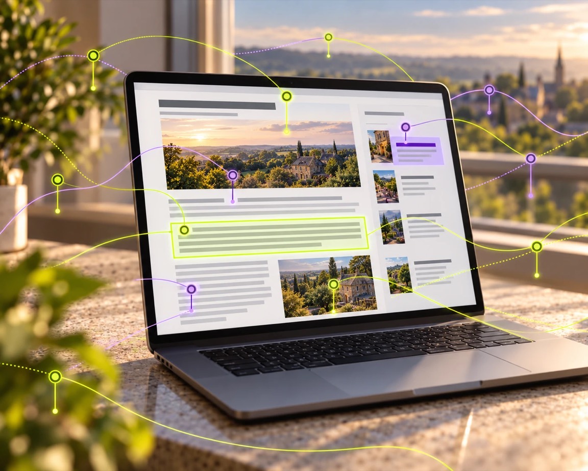A laptop on a sunlit desk showing a property page, lime and violet nodes linking its sections to the town beyond the window